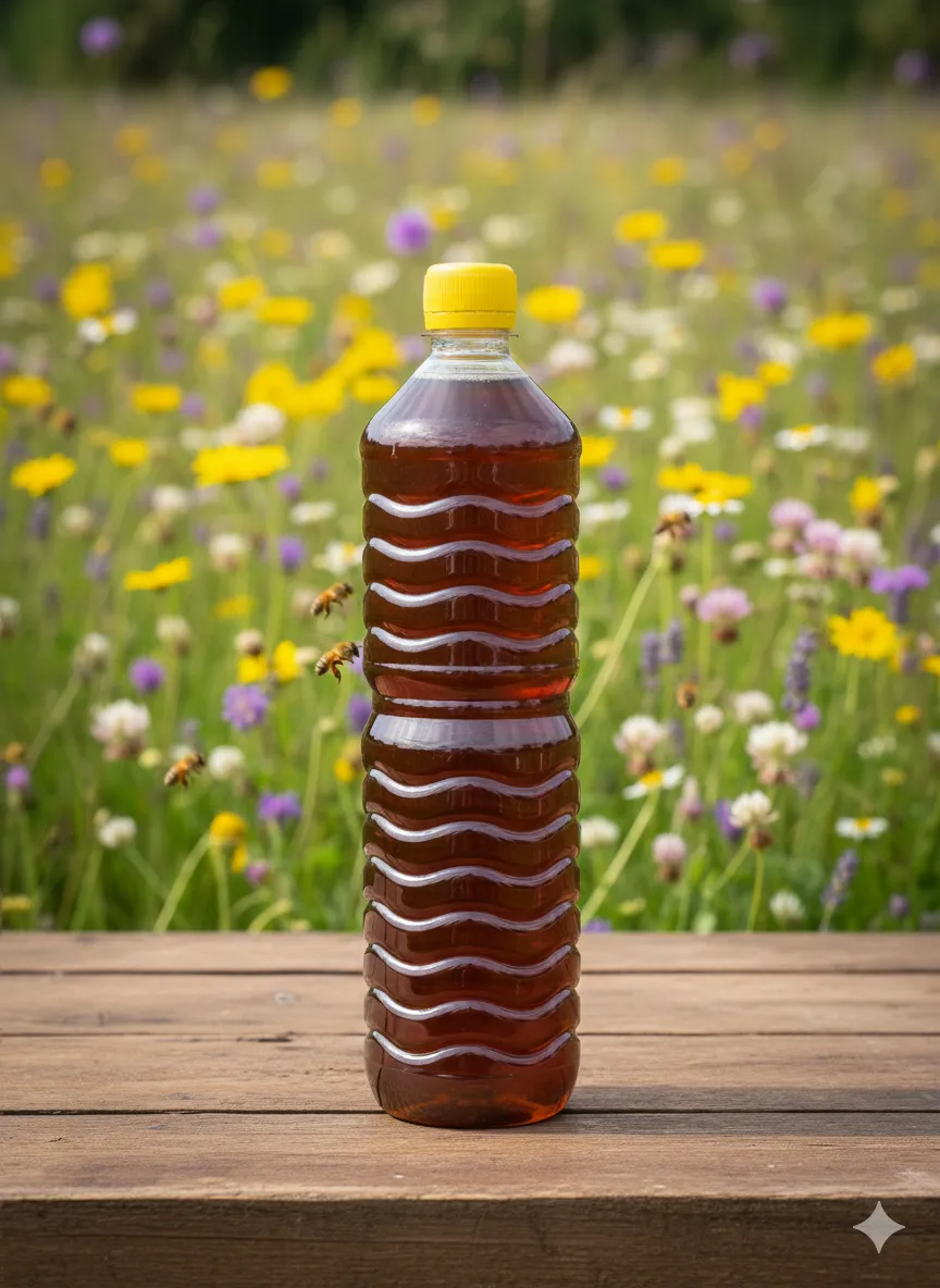 Miel de abeja en botella de 1 litro.