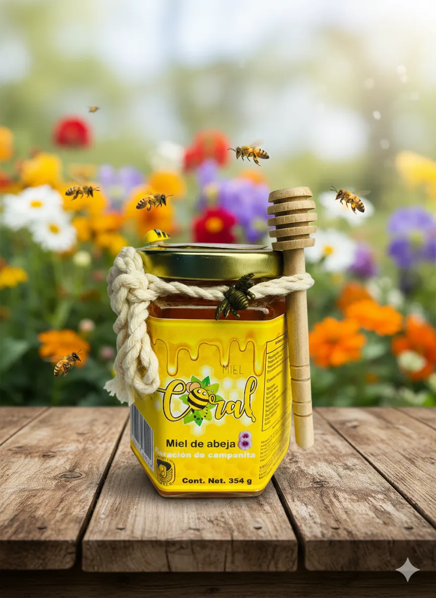 Miel de abeja en Frasco hexagonal de vidrio con diseño 354 g