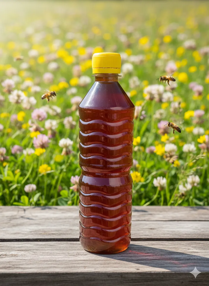 Miel de abeja en botella de 1/2 litro.